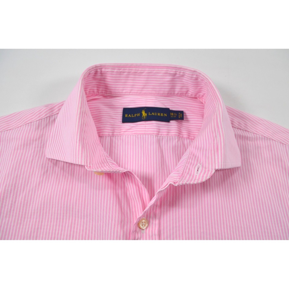 Ralph Lauren Pink & White Striped Shirt Mens 16.5 34/35 Long Sleeve Button Front